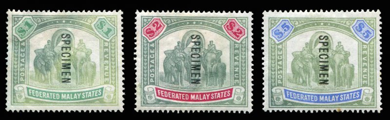Malaya #14-16S (SG 23-25s) Cat£190, 1900 $1-$5, three values, overprinted Sp...