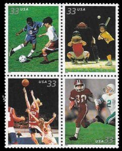 SCOTT  3399-3402  YOUTH SPORTS  33¢  BLOCK OF 4  MNH  SHERWOOD STAMP