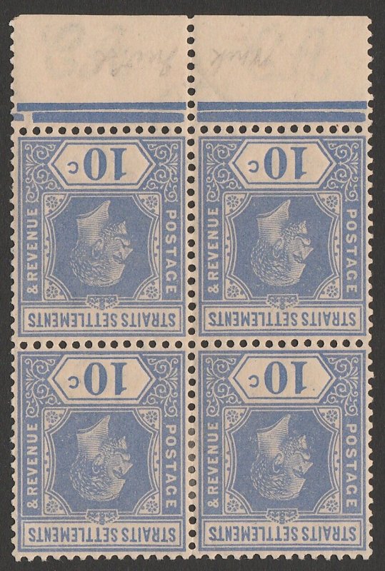 STRAITS SETTLEMENTS 1921 KGV 10c bright blue block, wmk script INVERTED.