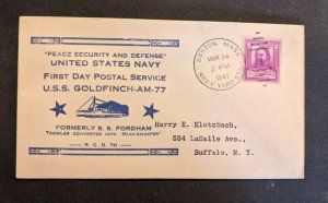 1941 USS Goldfinch AM77 First Day Navy Cover Boston MA to Buffalo NY