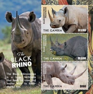 Gambia 2019 - Black Rhinos - Sheet of 3 Stamps - MNH