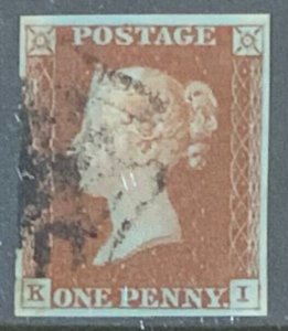 GB 1841 PENNY RED IMPERF  LETTERED ‘KI’ LARGE 4 MARGINS MALTESE CROSS CANCEL