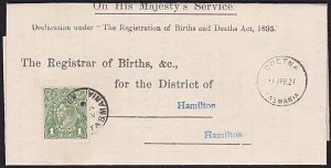 TASMANIA 1927 Birth notice GRETNA cds to Hamilton T perfin GV 1d green.....B1782