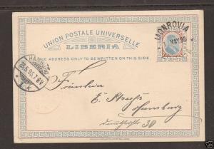 Liberia H&G 4 used 1895 3c Postal Card to HAMBURG   1;0