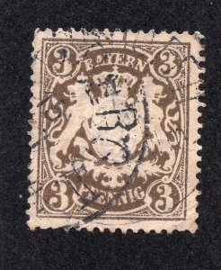 Bavaria 1900 3pf brown Arms, Scott 60 used, value = 65c