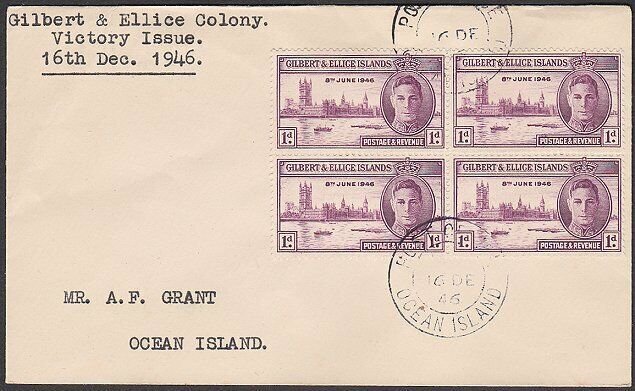 GILBERT & ELLICE IS 1946 Victory 1d block FDC - Ocean Island cds............Q248