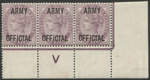 GB Officials 1887 Army 1d sgO43 control V(P) corner strip of three, stamps um