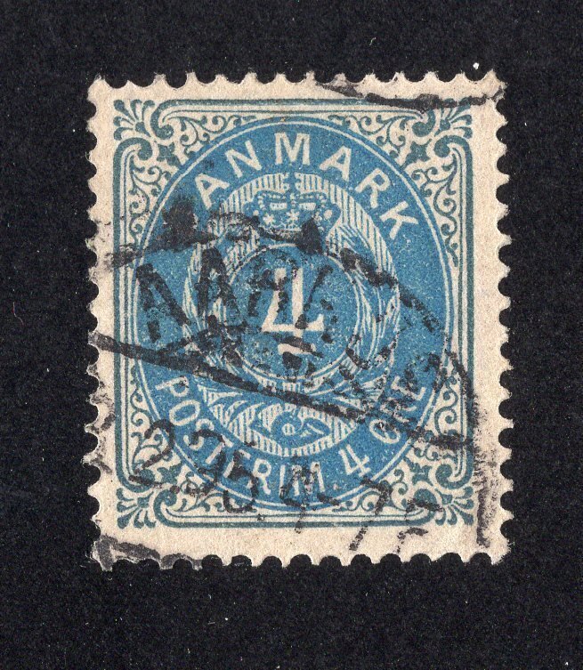 Denmark 1875 4o slate & blue, Scott 26 used, value = 50c