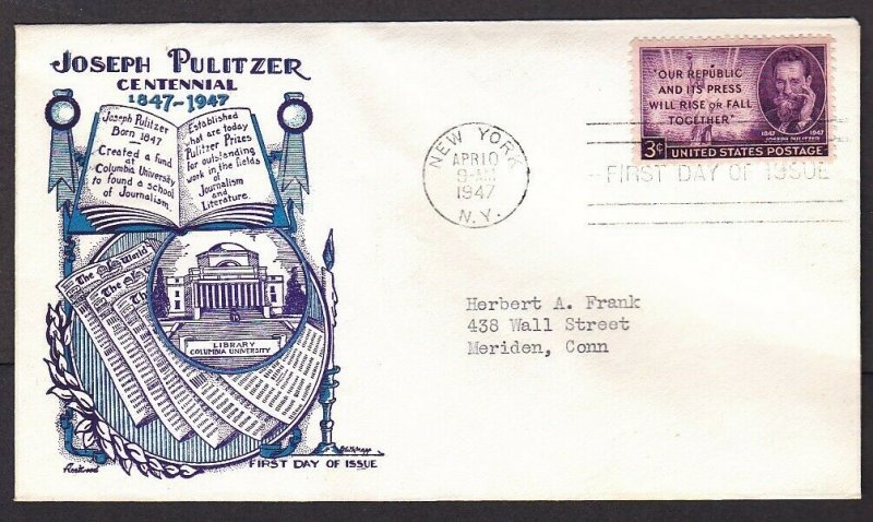 US 946 Joseph Pulitzer 1947 Knapp Fleetwood FDC Cover