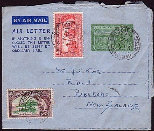 TRINIDAD 1958 5c airletter uprated and used to New Zealand.................38152 