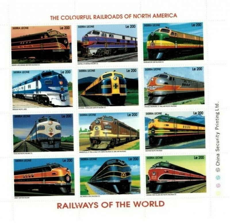 Sierra Leone 1995 - North American Railroads, Trains - Sheet of 12v - 1850 - MNH
