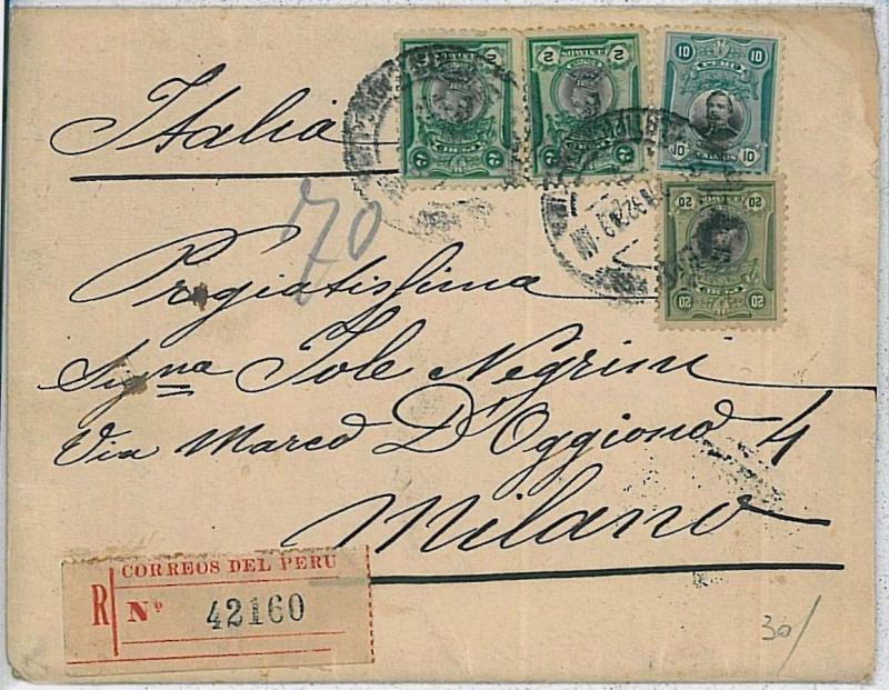 PERU -  POSTAL HISTORY : REGISTERED COVER to ITALY  1922