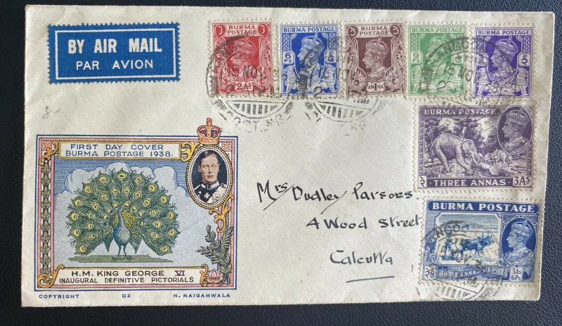 1938 Rangoon Burma Airmail First Day Cover To Calcutta India King George VI Defi