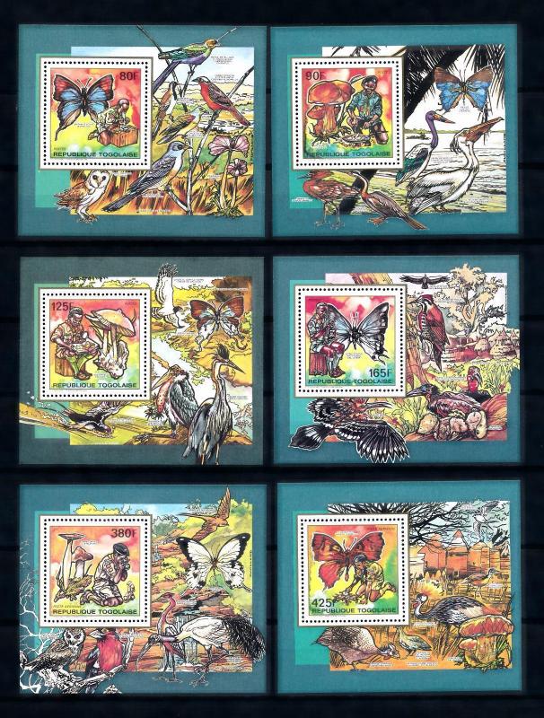 [70647] Togo 1990 Butterflies Scouting Birds 6 Single Sheets MNH