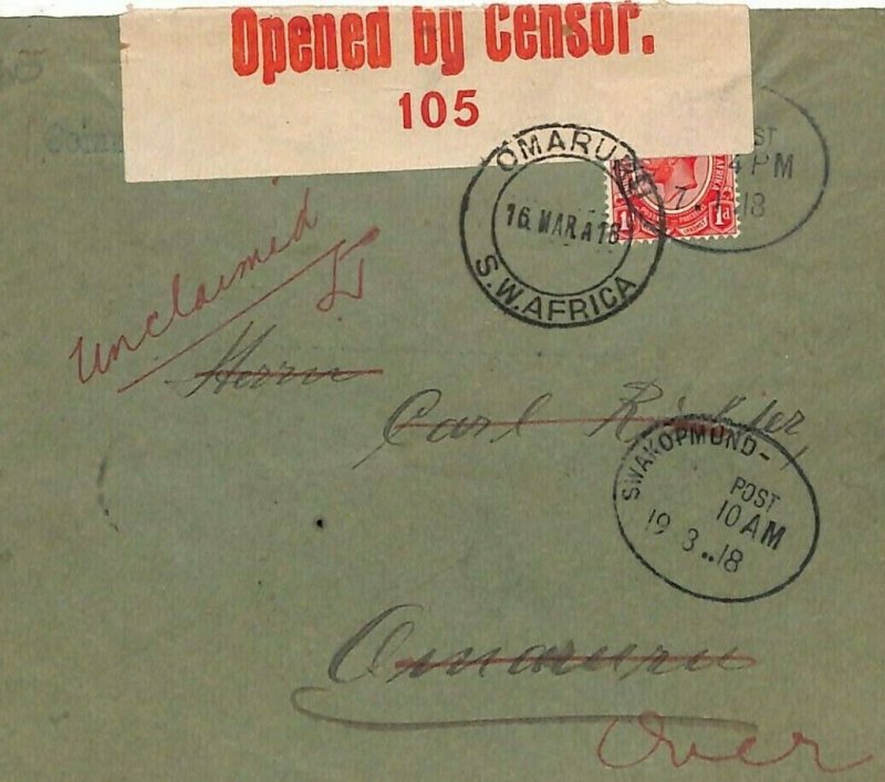 SOUTH WEST AFRICA WW1 RETOUT Cover *Omaru* Karibib Censor Swakopmund 1918  E195 