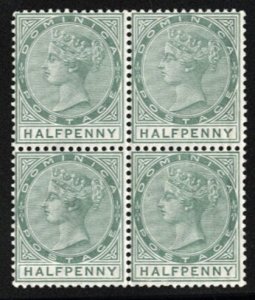 Dominica #17 Cat$24++ (for hinged singles), 1883 1/2p green, block of four, n...