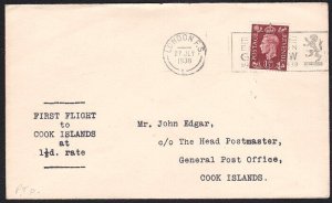 GB 1938 Empire 1½d rate first flight cover to Rarotonga Cook Is............A8118