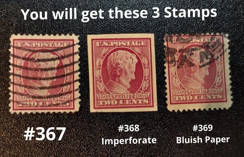 Scott Stamp# 367, 368, 369 - Complete Set, 1909 Lincoln Memorial Series.