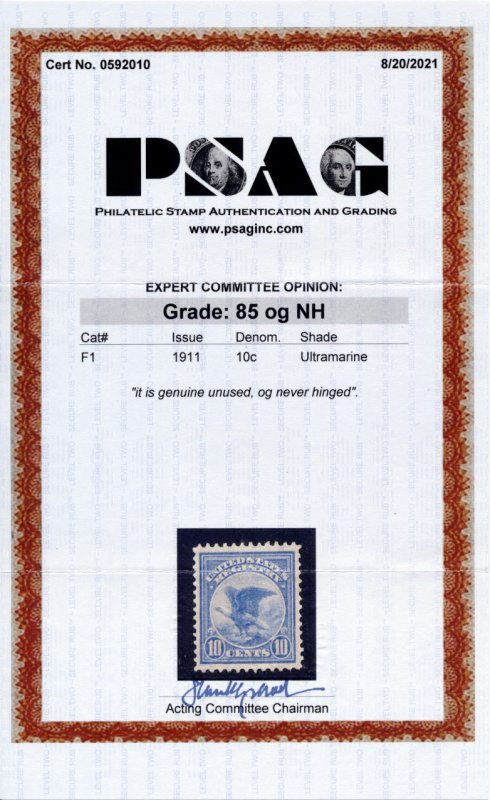 US F1 10c Registry 1911 Eagle PSAG grade 85 NH