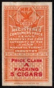1933 US Revenue National Recovery Act Price Class A Packing 5 Cigars