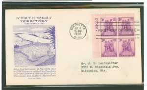 US 837 1938 3c Northwest Territory (plateblock of four) on an addressed first day cover with a Grimsland.