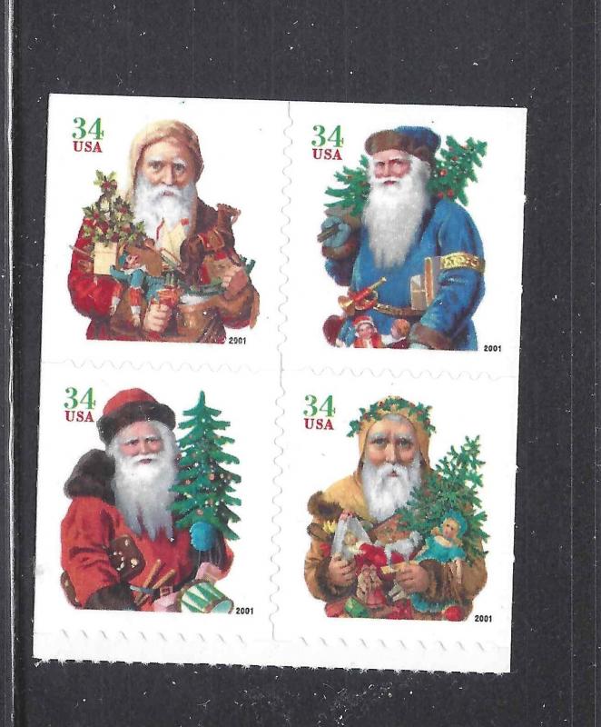 US Scott # 3541 - 3544 / 3544a  / Block of 4 Christmas Santa MNH