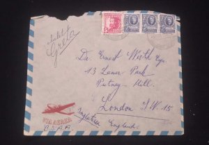 C) 1945 URUGUAY, AIR MAIL COVER SENT TO ENGLAND LONDON, MULTIPLE STAMPS.