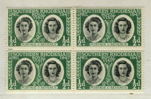 RHODESIA; 1947 early Royal Visit issue fine MINT BLOCK of 4, 1/2d.