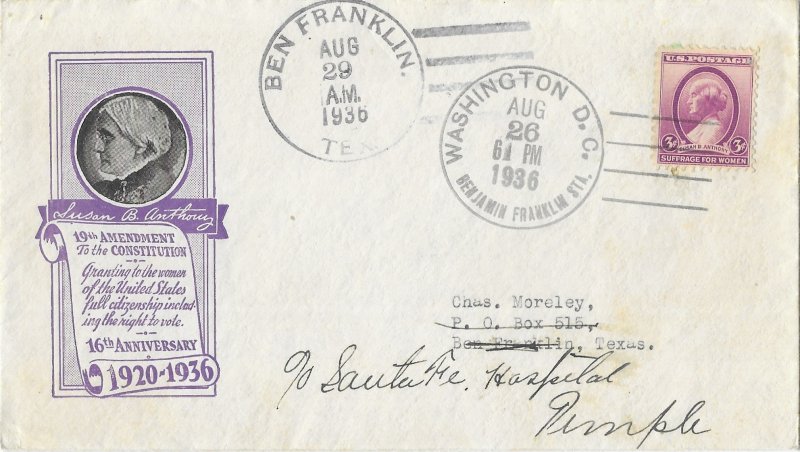 1936 FDC, #784, 3c Susan B. Anthony, 4 diff. cachets