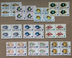 Christmas Island 1968 Fish set of 10 in used blocks. Scott 22//33, CV $34.00