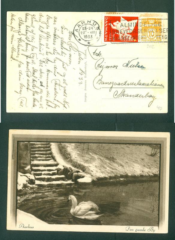 Denmark. Christmas Card 1933 With Seal + 10 Ore.Swan,Old Town Aarhus.