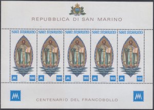 SAN MARINO Sc # 916 CPL MNH STRIP of 5 CENTENARY of SAN MARINO STAMPS