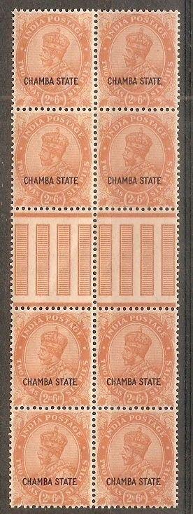 India CHAMBA State 2½As KG V SG 69 / Sc 49 Vertical Gutter Pair BLK/4 MNH