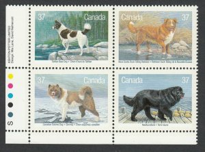DOGS OF CANADA = Canada 1988 #1220a = MNH Se-tenant LL Plate Block of 4