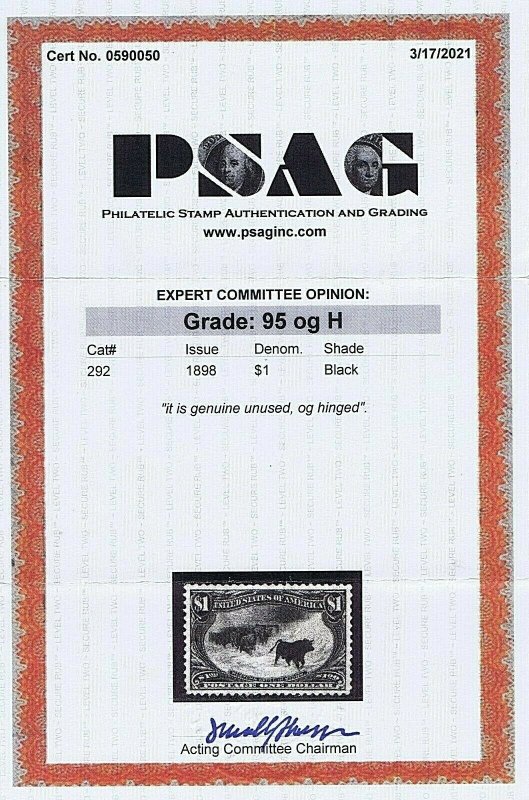 SC#292 UNUSED OG HINGED $1 WESTERN CATTLE IN STORM 1898 2021 PSAG CERT GRADE ...