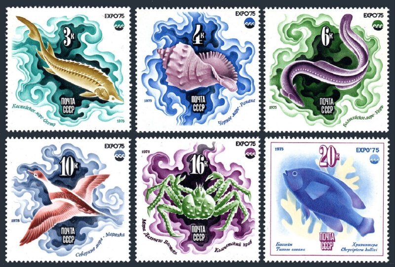 Russia 4343-4349, MNH. Mi 4376-4381,Bl.106. Oceanexpo-1975. Fish,Bird,Crab,Shell