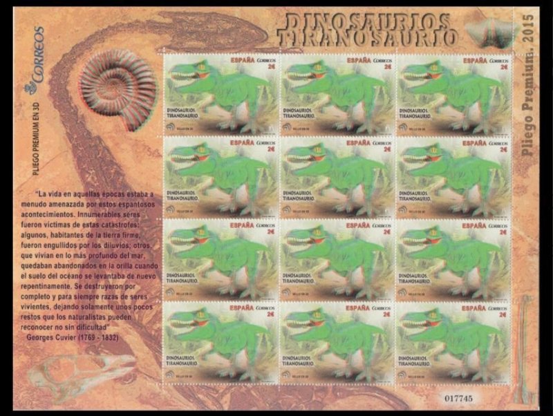 ESPAÑA SPAIN 2015 DINOSAURS: TIRANOSAURUS PREMIUN PANE N-22