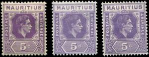 Mauritius SC# 214, 214a  SG# 255, 255a, 255b George VI MH