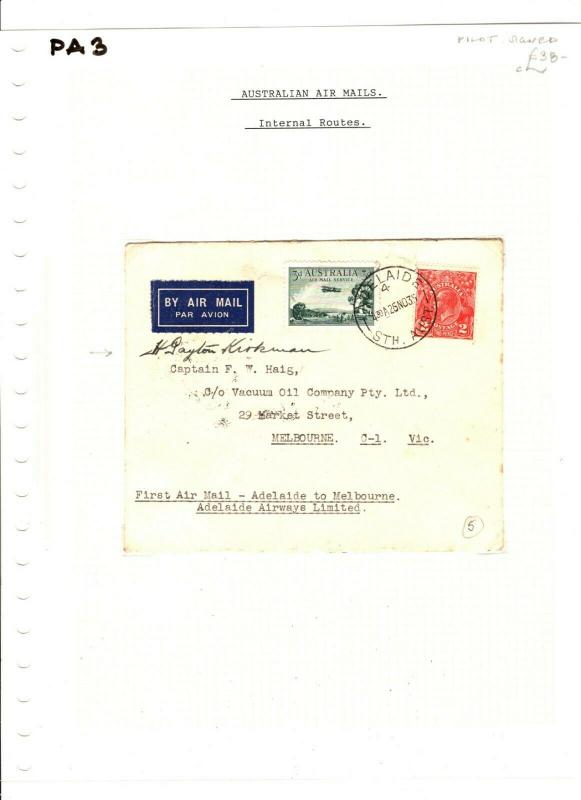 AUSTRALIA Air Mail Pilot Signed First Flight Adelaide Melbourne 1935 PA3