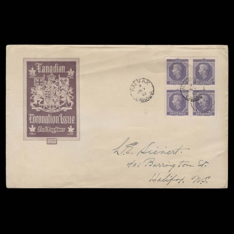 Canada 1953 (FDC) 4c Coronation block, HALIFAX ✔️
