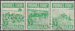 Australia 1953 Sc#252a 3d Green Food Production Strip of 3 USED.