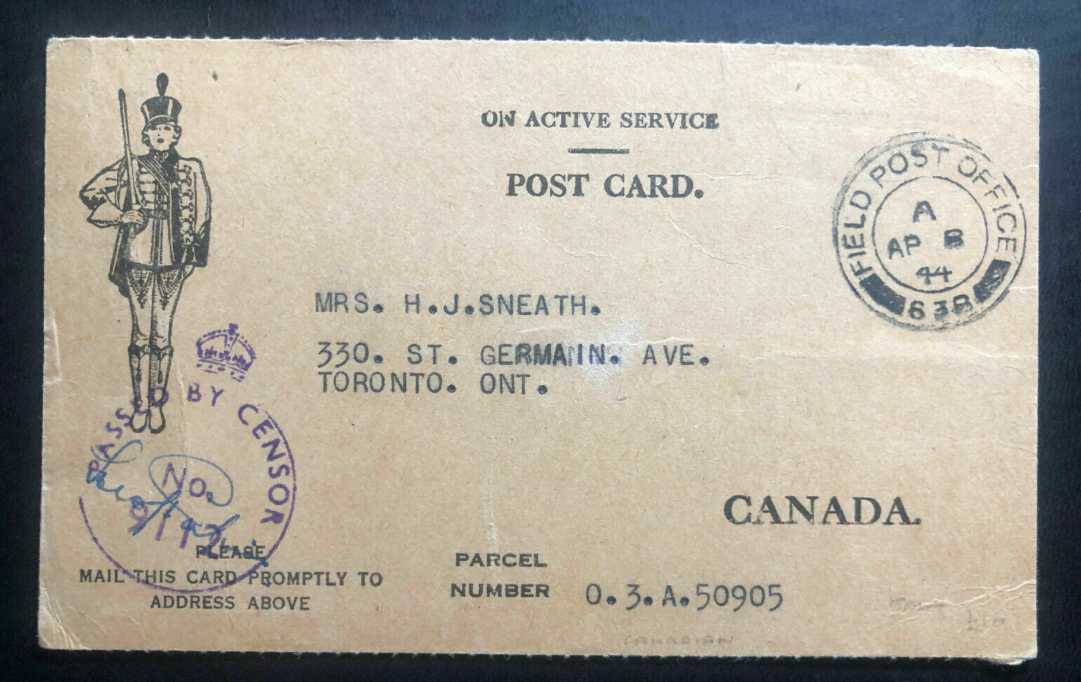 1944 Canadian Field Post Army Postcard Overseas OAs Censored Cover To