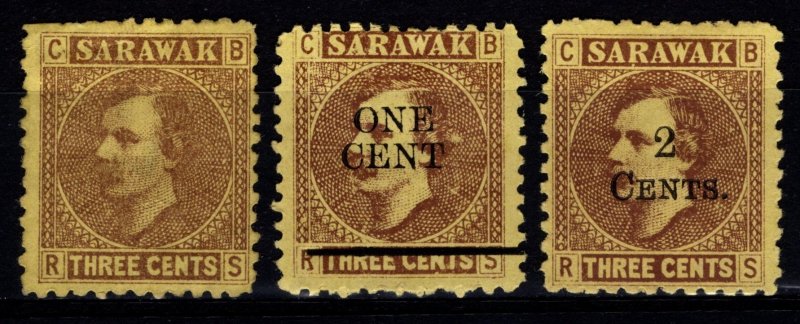 Sarawak 1871-99 Sir Charles Brooke Def., 3c & Optd. 1c, 2c [Unused]