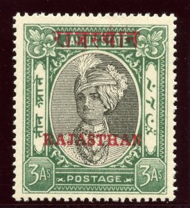 India - Rajasthan 1950 3a black & green superb MNH. SG 21. Sc 21.