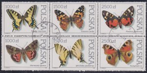 Poland 1991 Sc 3055a Butterflies Block of 6 Stamp Used NG