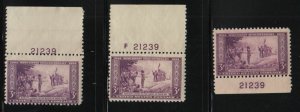 1934 Wisconsin Tercentenary 3c purple Sc 739 MNH matched plate numbers 21239 (D
