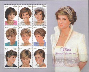Nevis #1030 Princess Diana of Wales.  9 head shots of great hairdos.