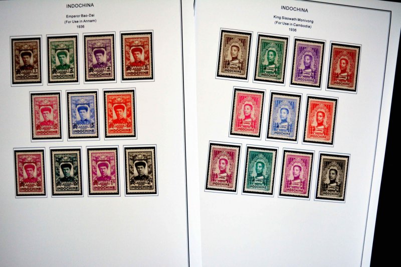 COLOR PRINTED INDOCHINA 1889-1949 STAMP ALBUM PAGES (35 illustrated pages)