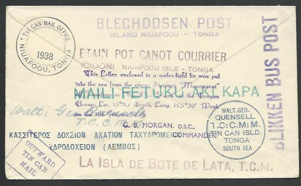 TONGA 1938 Tin Can Mail cover  :...........................................60903