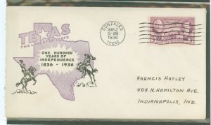 US 776 1936 3c Texas Centennial (single) on an addressed (typed) first day cover with an Ioor cachet.